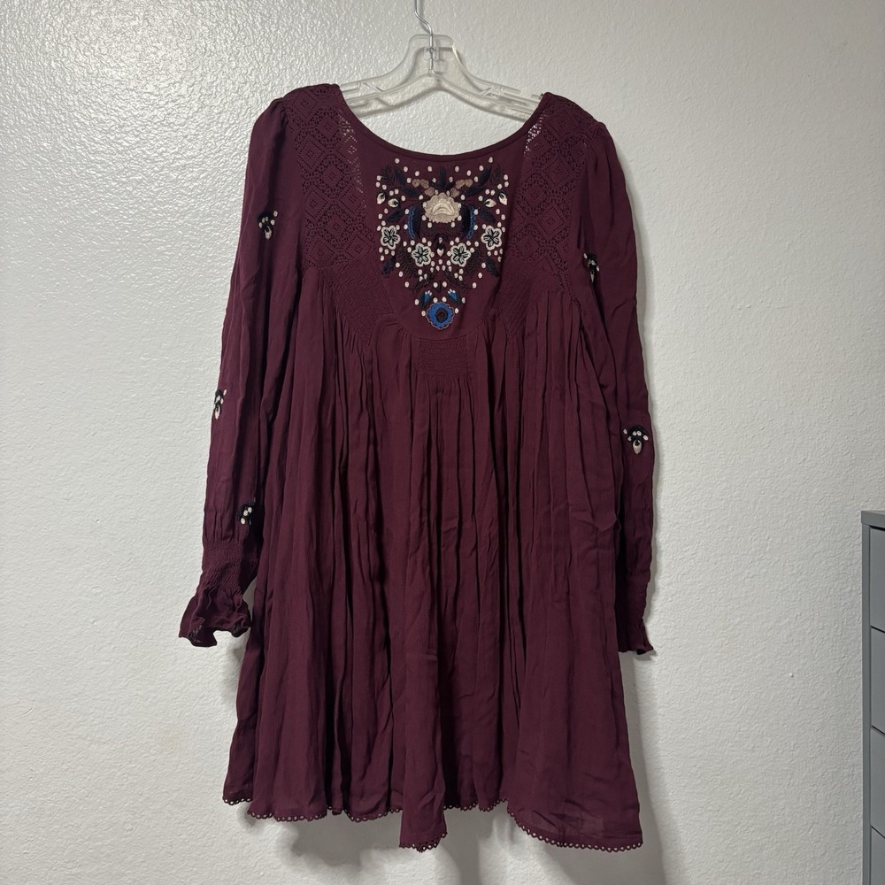 Free People Mohave Embroidered Mini Dress Small Burgundy Boho Fall